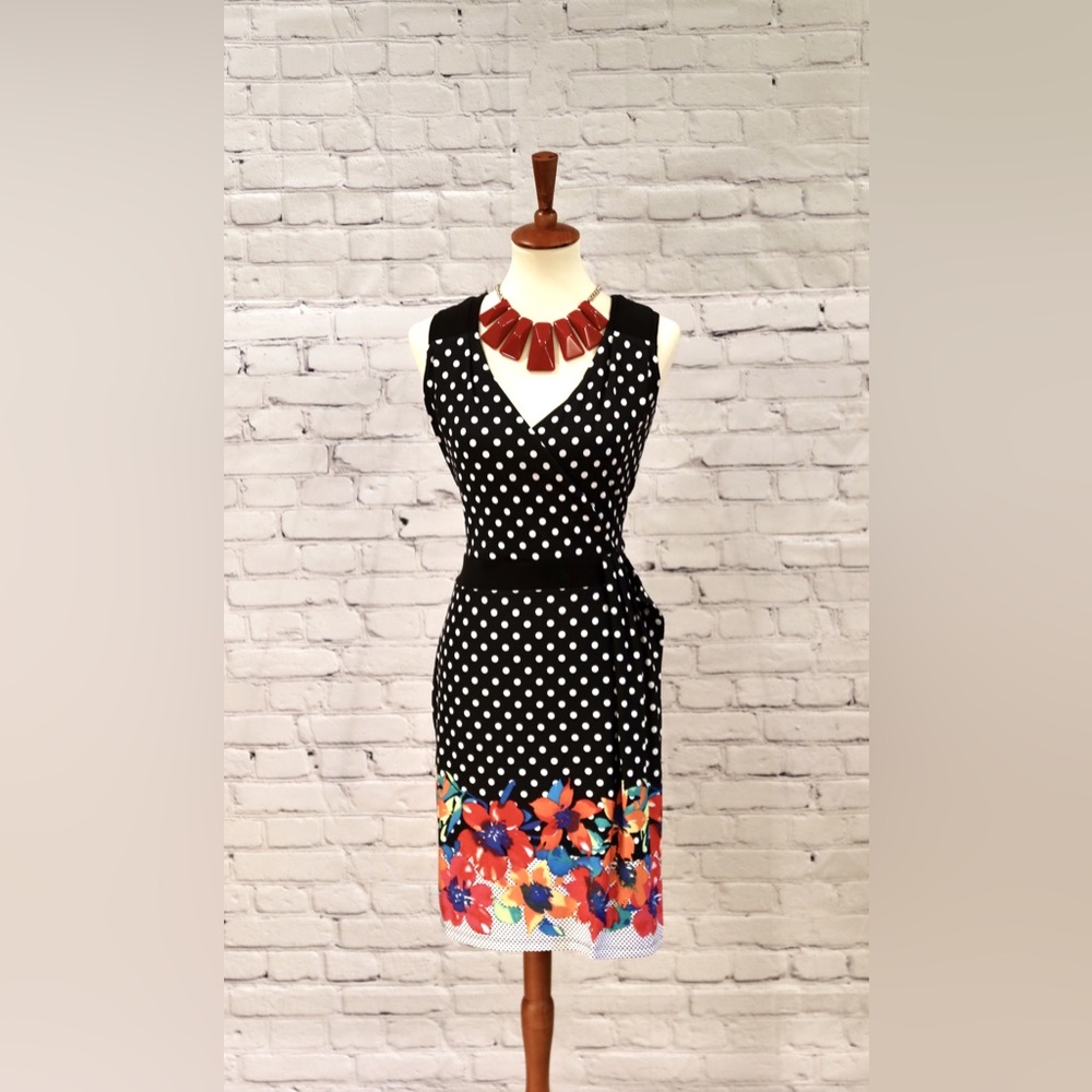Tango Mango dress black with white polka dots, floral border NWT m/L